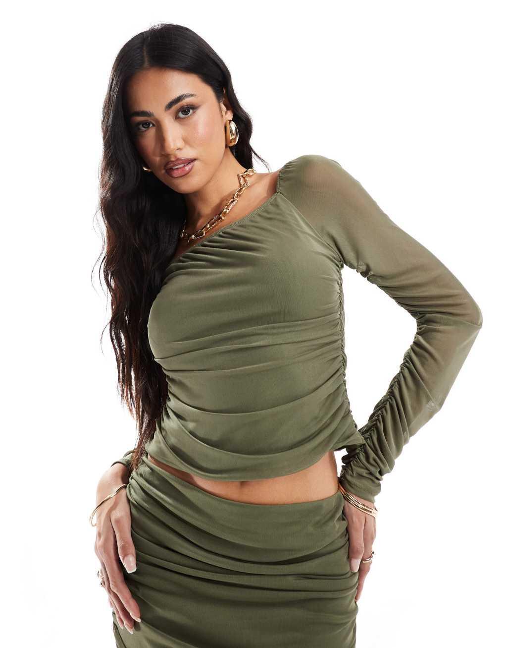 ASOS DESIGN mesh long sleeve ruched one shoulder top in khaki - part of a set product image