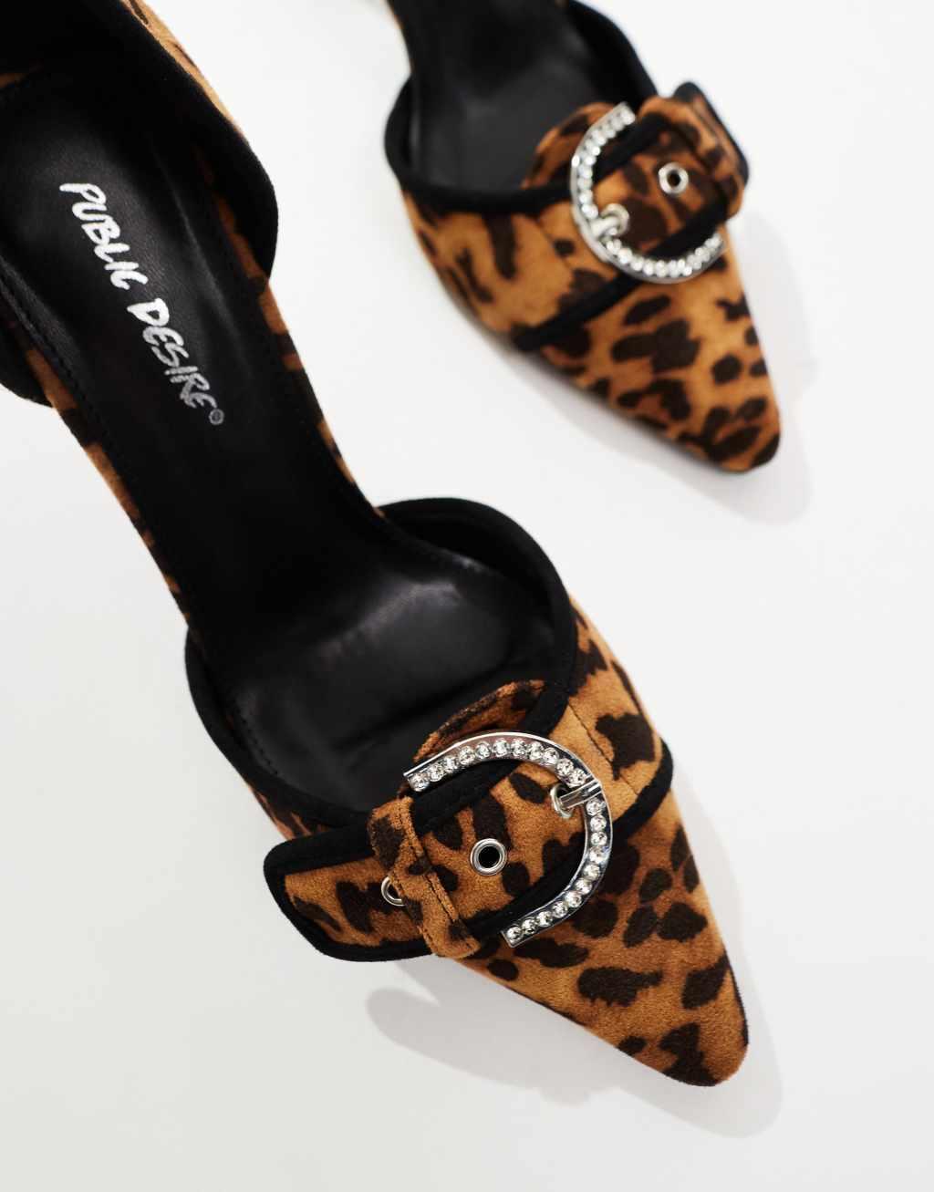 Public Desire Elton two part pointed heels with embellished buckle detail in leopard Product Image