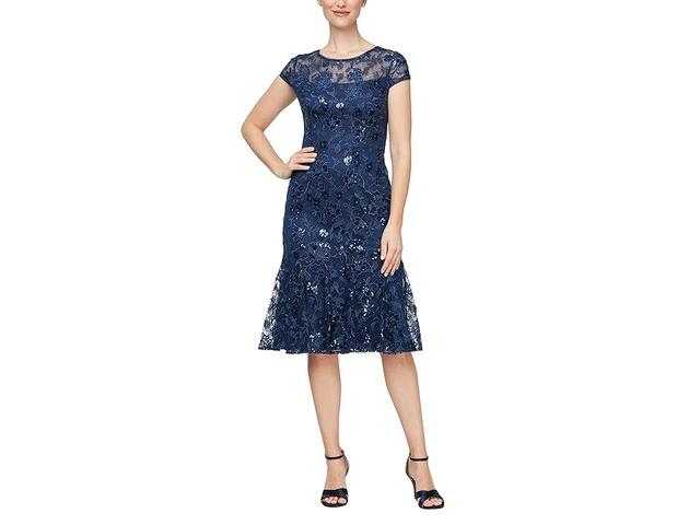 Alex Evenings Short Embroidered Dress with Flounce Detail Skirt and Cap Sleeves Women's Dress Product Image