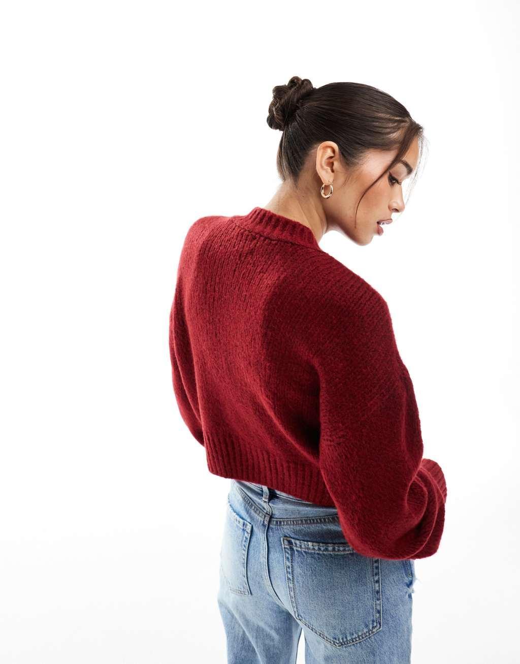 ASOS DESIGN crew neck loose knit cardigan in burgundy Product Image