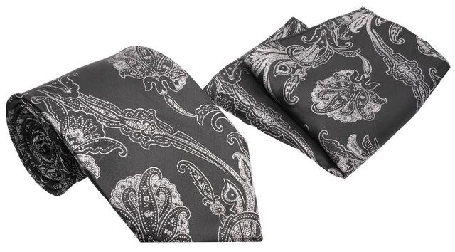 Black Silver Jacobean Pattern Men's Classic Tie and Pocket Square Set Product Image