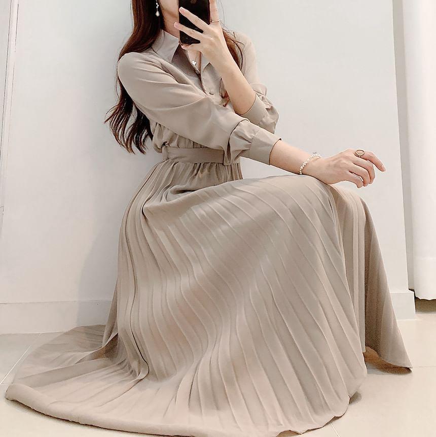 Long Sleeve Collared Plain Pleated Belted Button Midi A-Line Dress Product Image