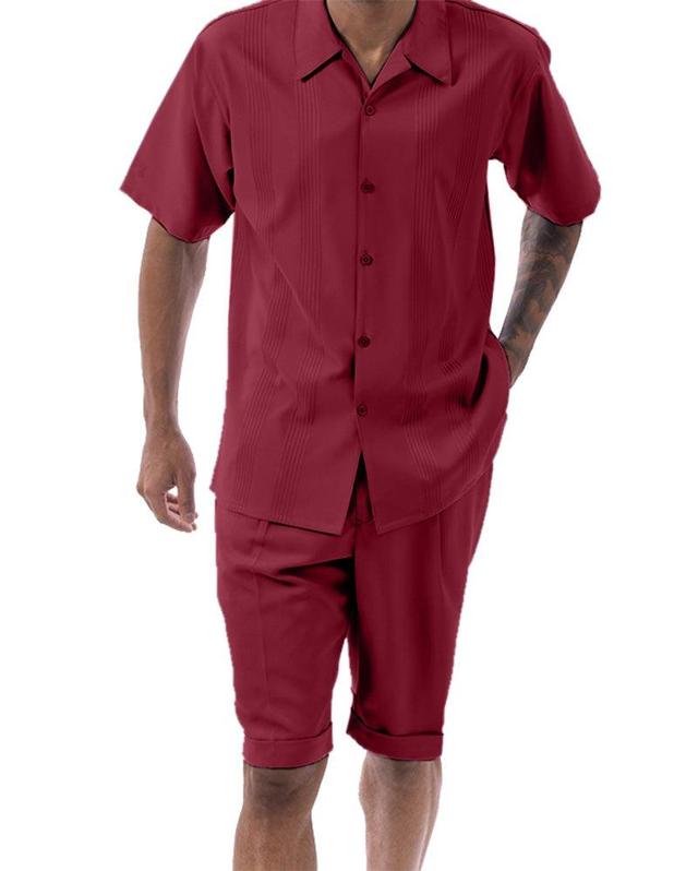 Burgundy Tone on Tone Vertical Stripes Walking Suit 2 Piece Short Sleeve Set with Shorts Product Image