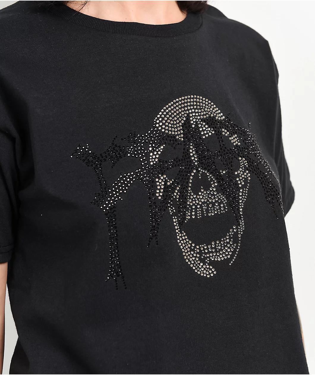 Personal Fears Tonal Rhinestone Skull Black Crop T-Shirt Product Image