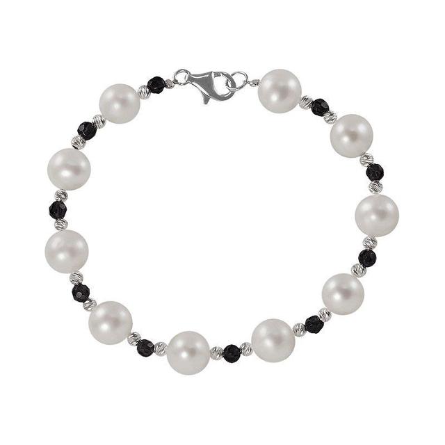 Sterling Silver Freshwater Cultured Pearl and Onyx Bead Bracelet, Womens Product Image