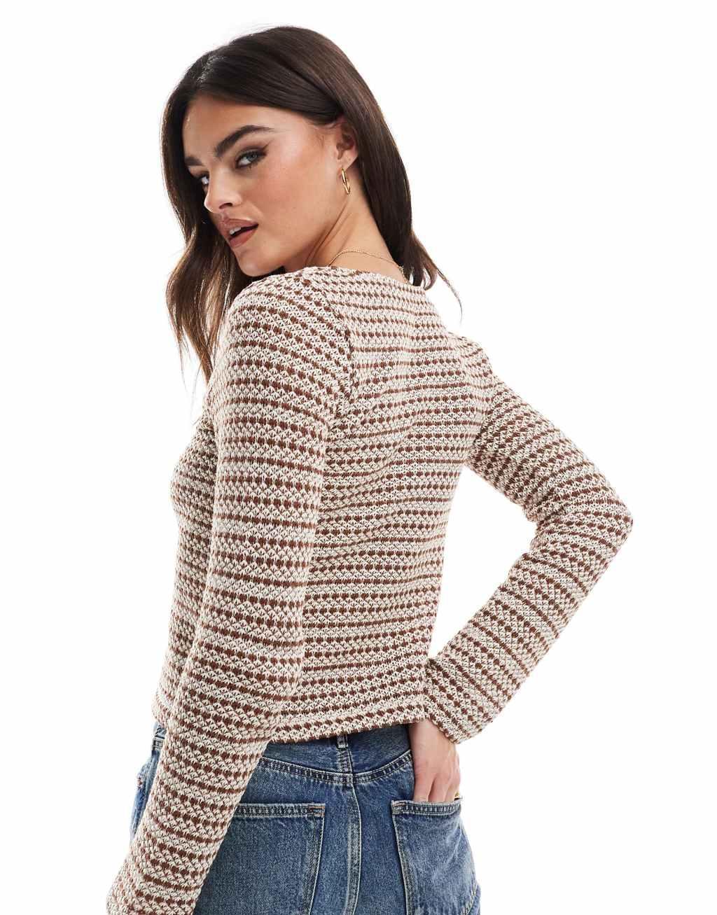 ASOS DESIGN knit look tie front top in beige and white stripe Product Image