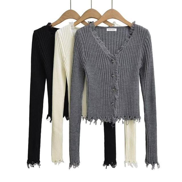 Long Sleeve V-Neck Plain Ribbed-Knit Tassel Slim-Fit Cardigan Product Image