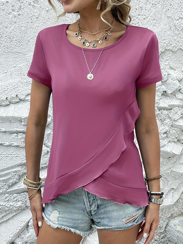 Loose Short Sleeves Asymmetric Ruffled Solid Color Split-Joint Round-Neck T-Shirts Tops Product Image