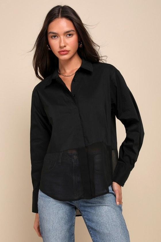 Sheer-ly Chic Black Semi-Sheer Long Sleeve Button-Up Top Product Image