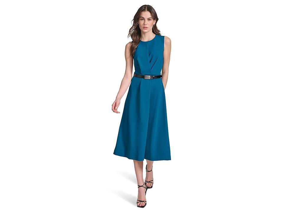 Calvin Klein Sleeveless Scuba Crepe Belted Midi Dress (Cypress) Women's Dress Product Image