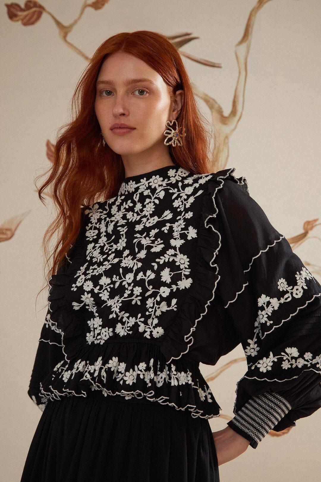 Black Embroidered Ruffle Longe Sleeve Blouse Product Image