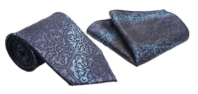 Blue Palmette Hexagon Pattern Men's Classic Tie and Pocket Square Set Product Image