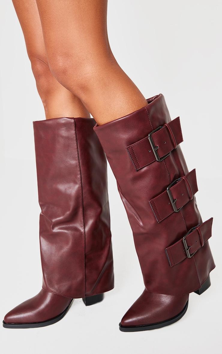 Burgundy Pu Point Toe Fold Over Triple Buckle Low Heeled Knee High Boots Product Image