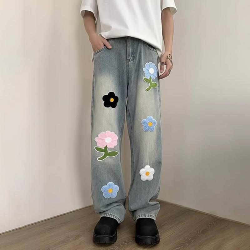 Hiphop Street Flower Embroidered Straight Jeans Product Image