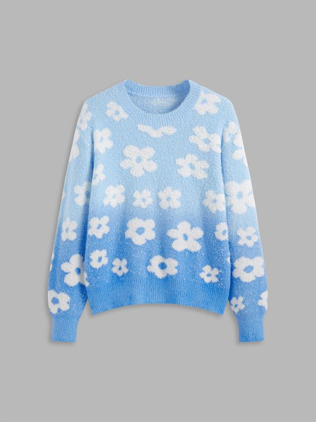 Knit Round Neckline Gradient Floral Sweater Product Image