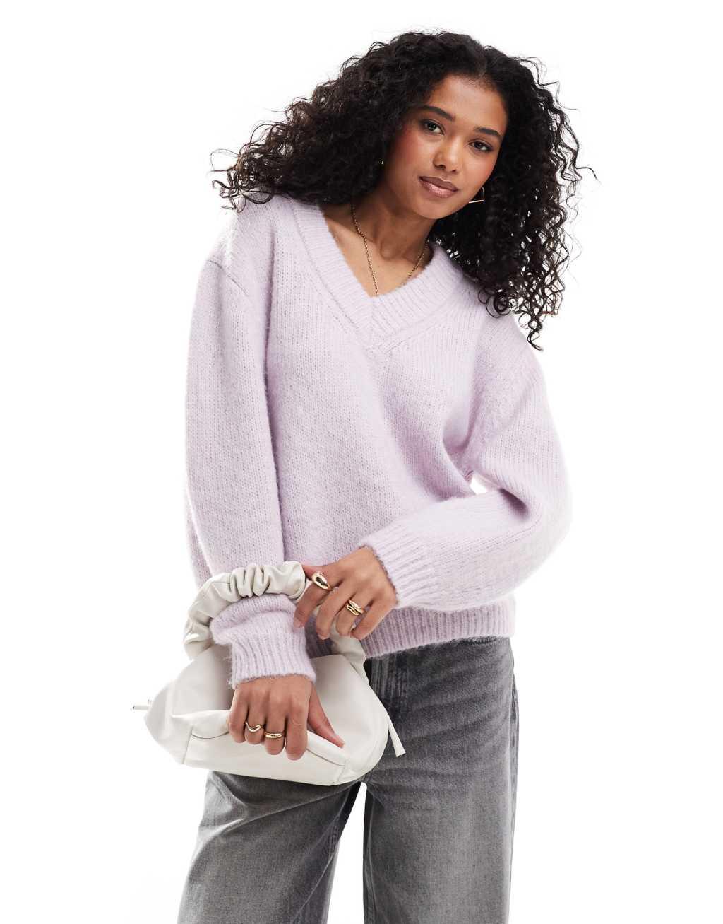 ASOS DESIGN v neck oversized sweater in lilac Product Image