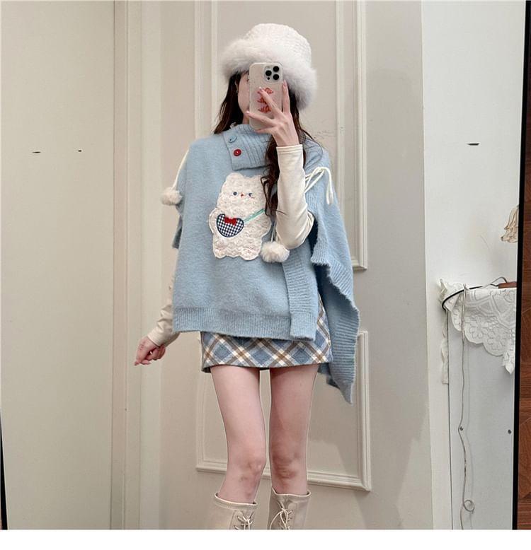 Mock Neck Cat Applique Sweater / Plaid Mini Skirt / Set Product Image