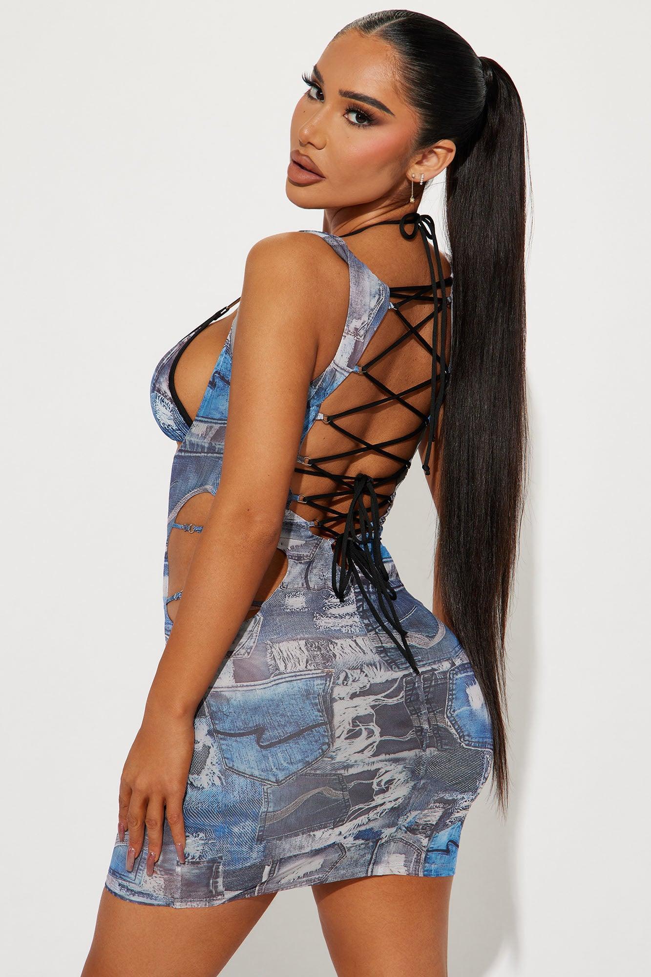 Denim Mood Mesh Mini Dress Set - Blue/combo Product Image