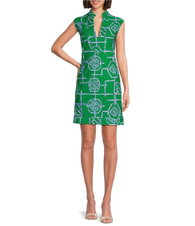 Jude Connally Kristen Bamboo Lattice Shamrock Jude Cloth Stretch Knit Mandarin Collar Sleeveless Dress Product Image