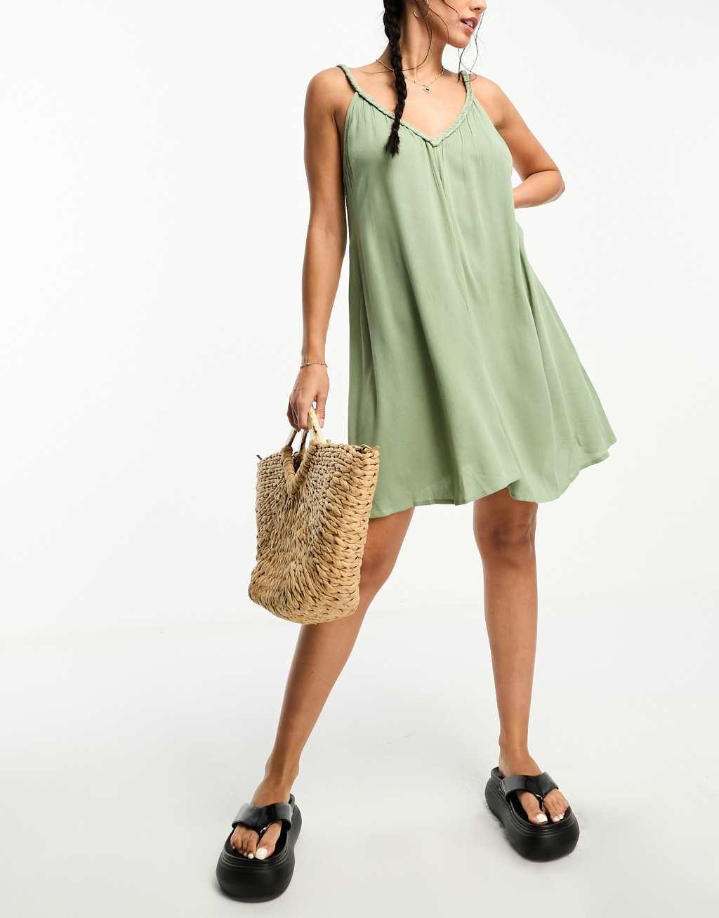 ASOS DESIGN braid detail crinkle beach swing dress in khaki Product Image