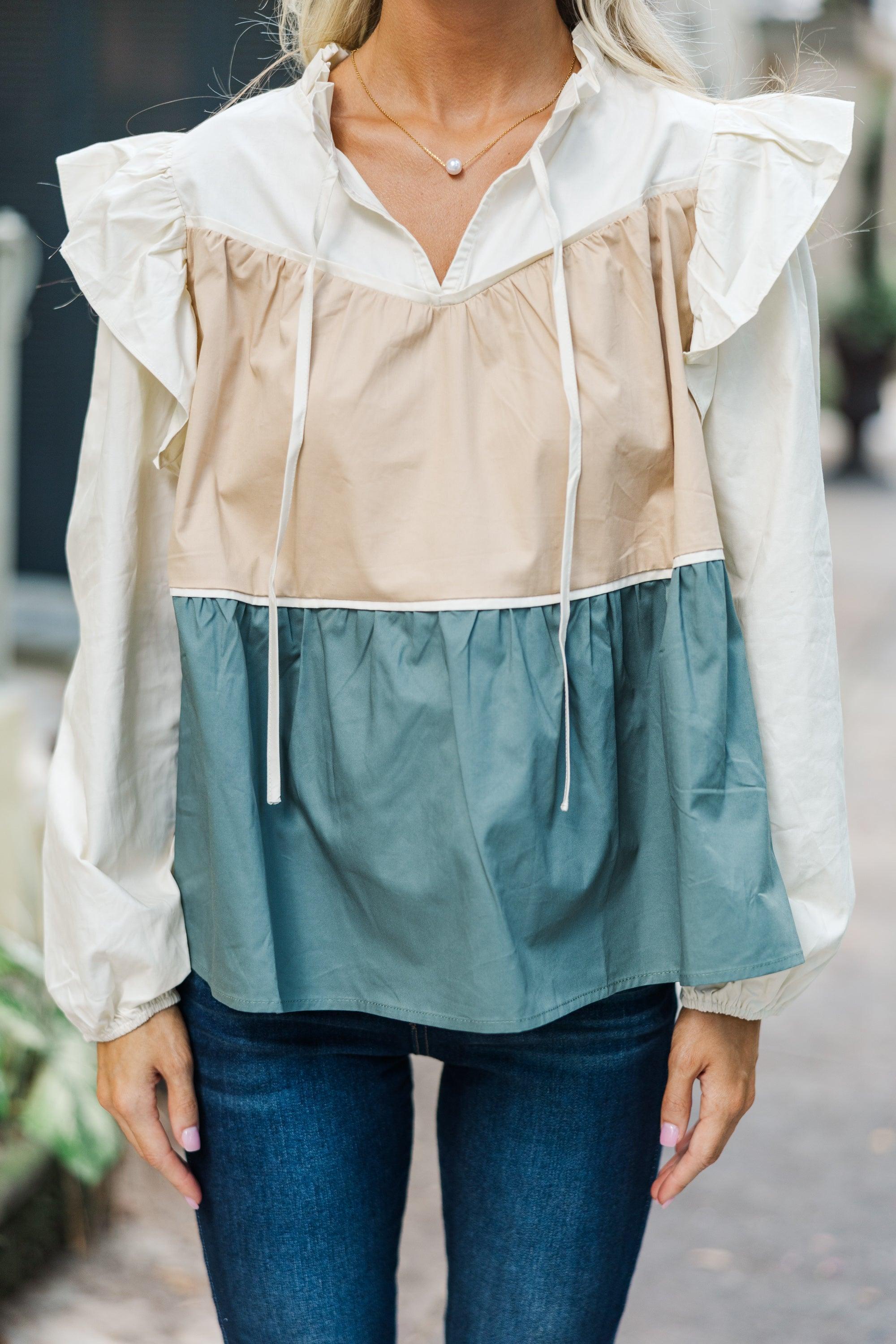 Stay On Your Mind Cream/Dusty Teal Babydoll Blouse Female Product Image