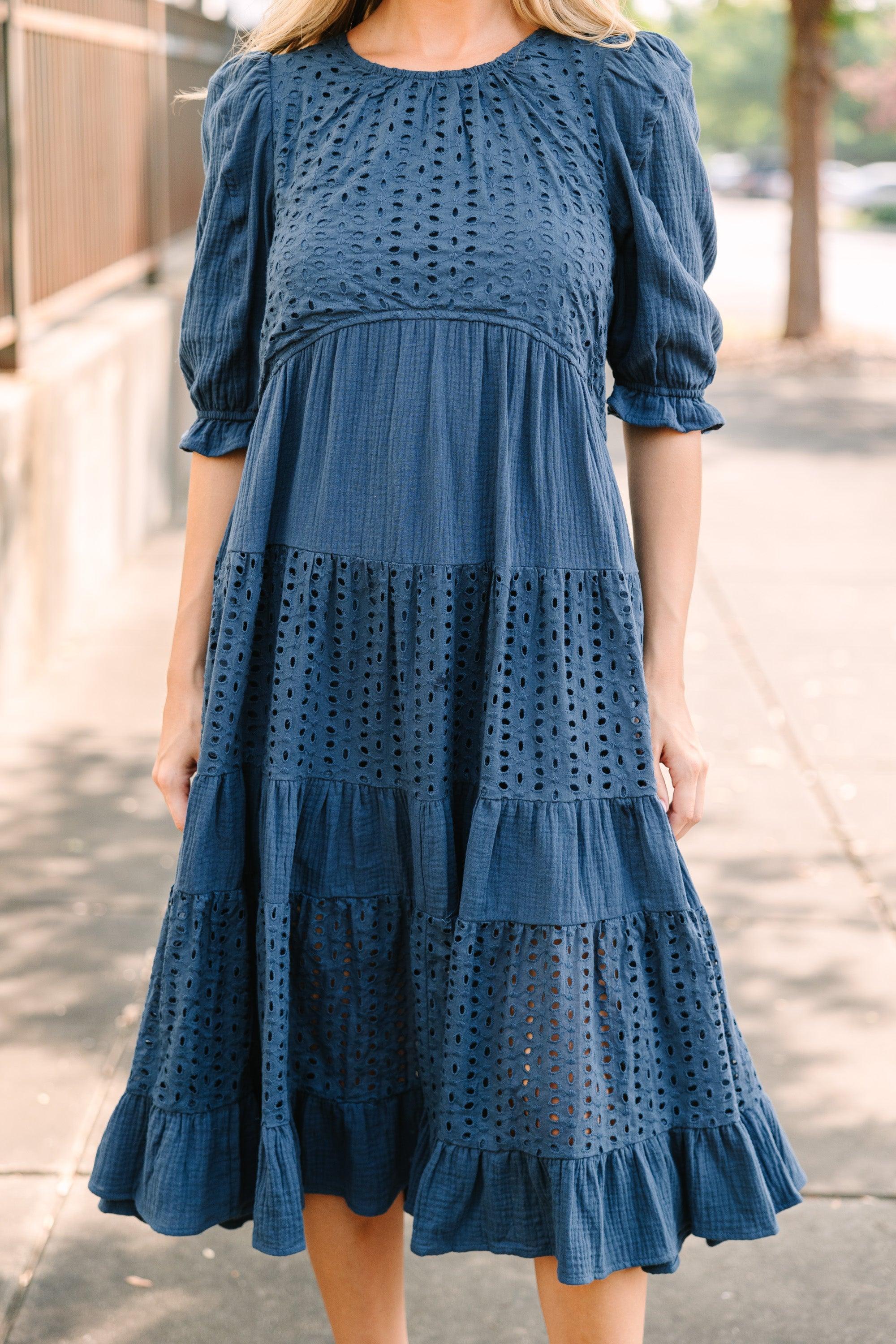 Making Moves Navy Blue Eyelet Midi Dress Female Product Image