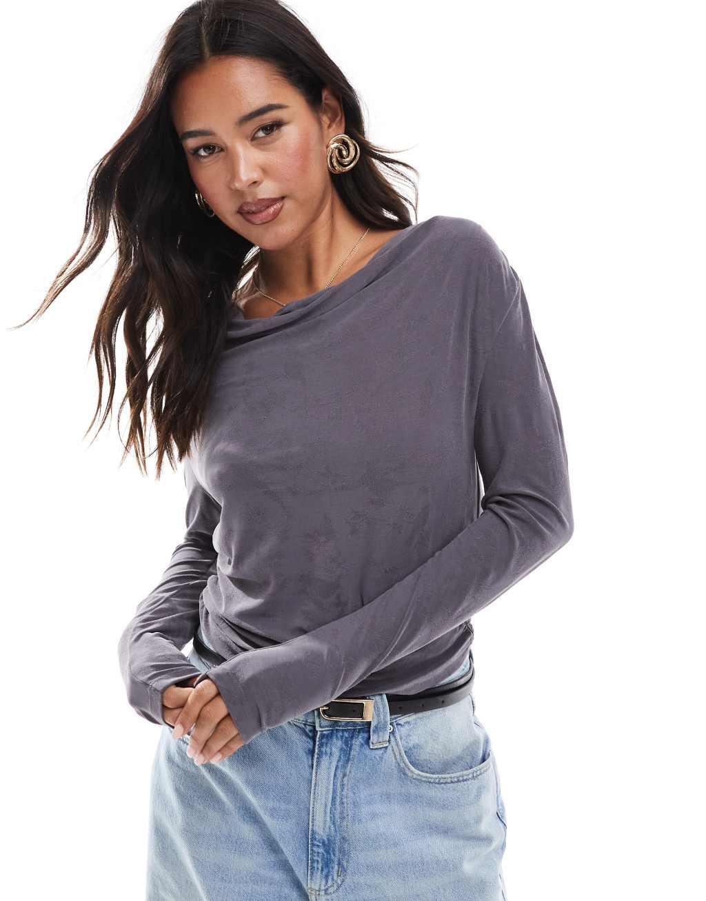 ONLY textured long sleeve cowl neck top in gray Product Image