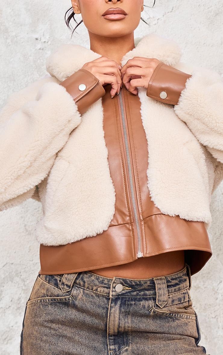 Cream Plush Faux Fur Contrast Faux Leather Zip Up Jacket Product Image