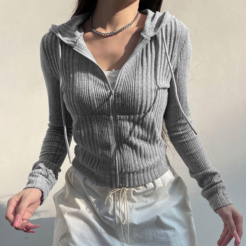 Plain Hooded Ribbed Zip Cardigan Product Image