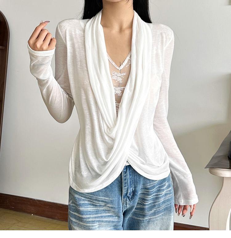 Long-Sleeve Plain Lace Panel T-Shirt Product Image