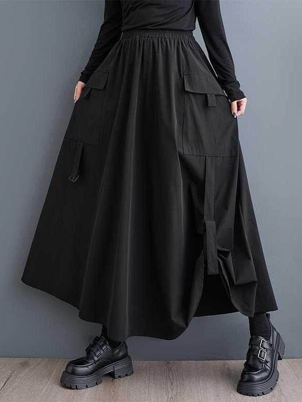 A-Line Loose Elasticity Pleated Pockets Solid Color Split-Joint Skirts Bottoms Product Image