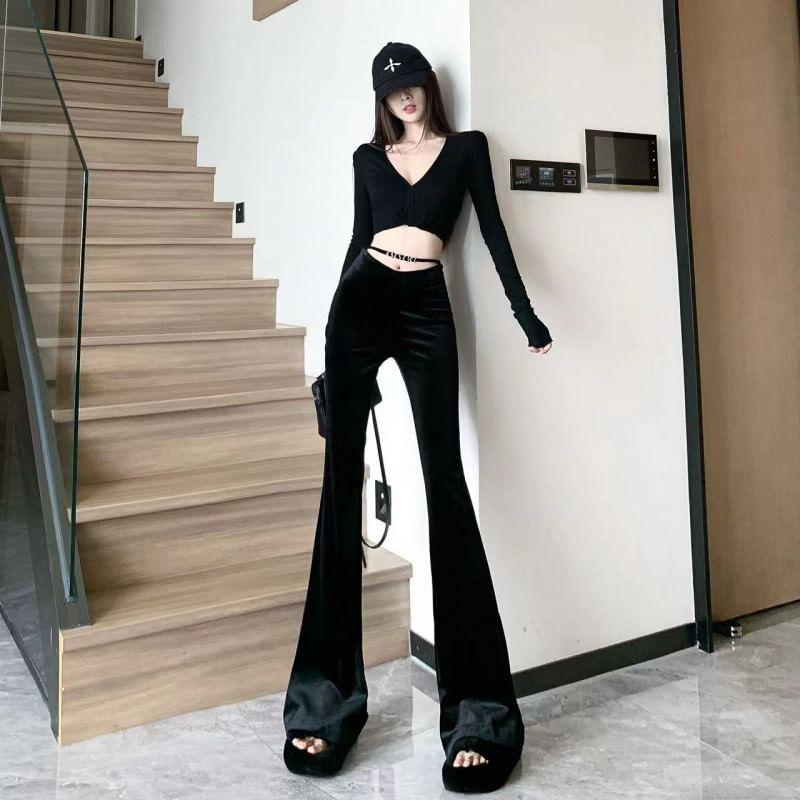 Low Waist Plain Flared Pants Product Image