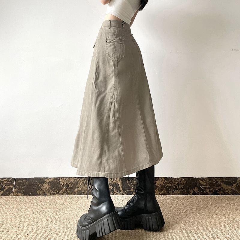 Mid Rise Plain Midi A-Line Cargo Skirt Product Image