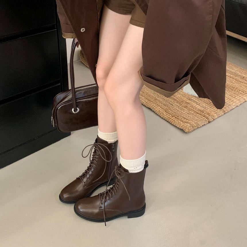 Chunky Heel Plain Lace-Up Faux Leather Short Boots Product Image