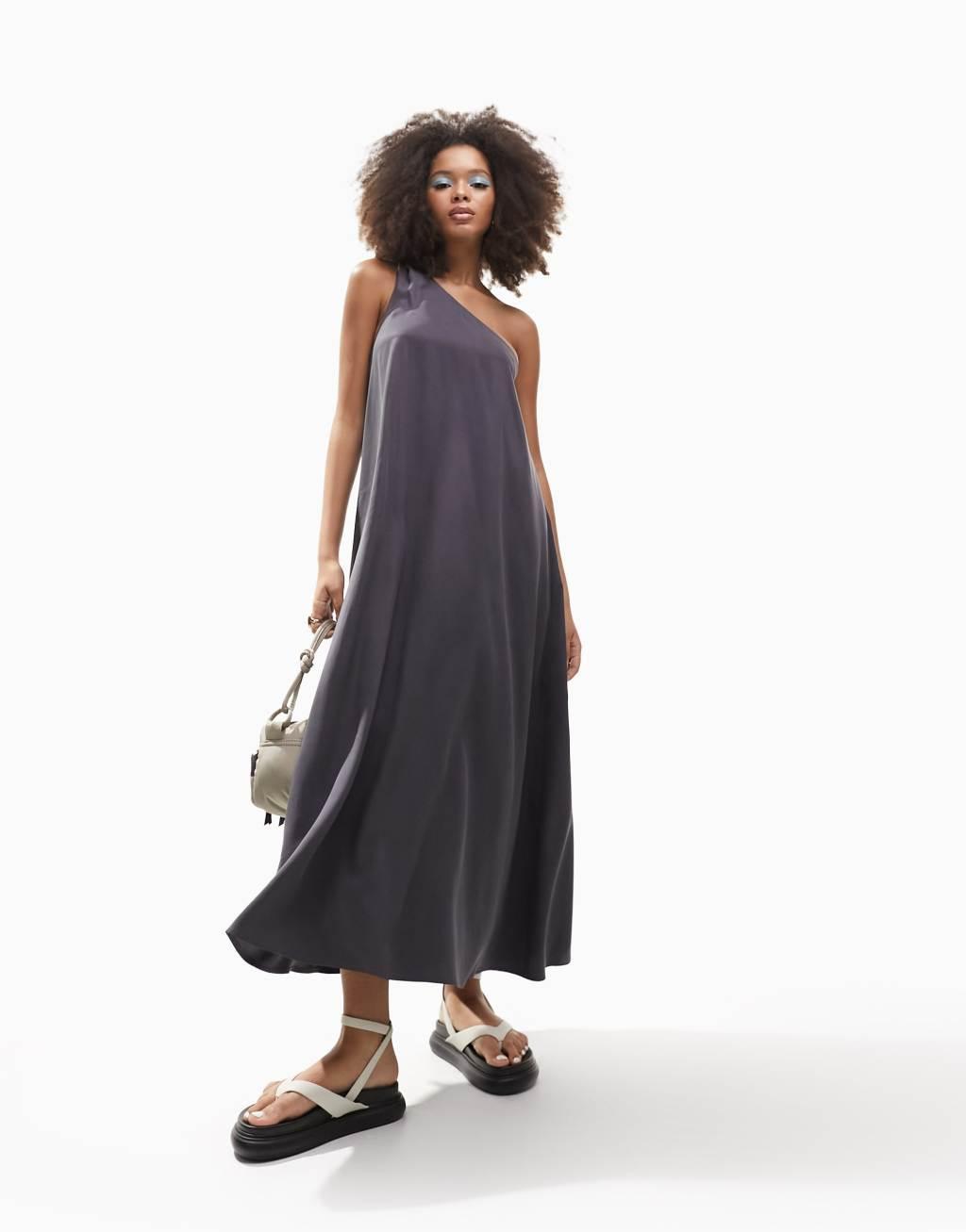 ASOS DESIGN knot one shoulder midi dress in charcoal Product Image