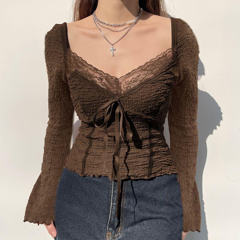 Long Sleeve V-Neck Plain Bow Panel Lace Top Product Image