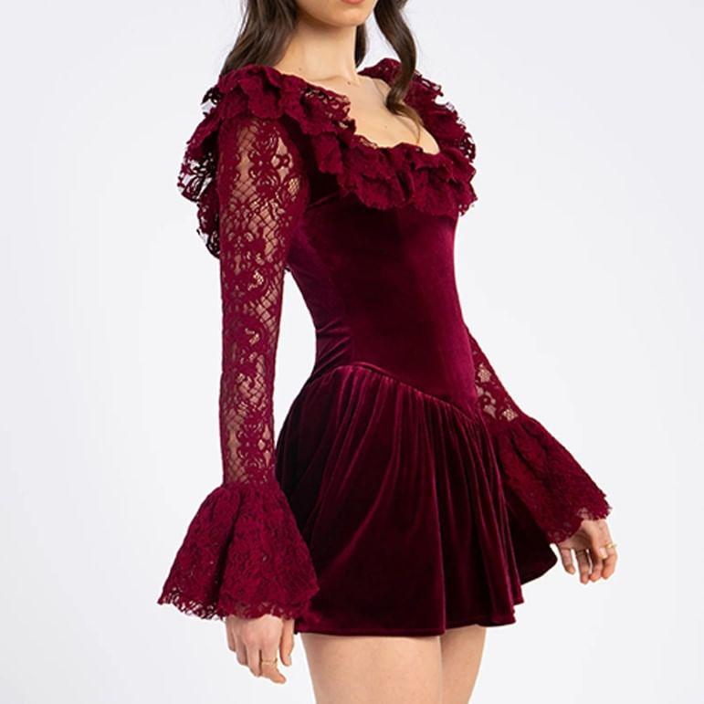 Flare-Sleeve Square Neck Lace Mini A-Line Dress Product Image