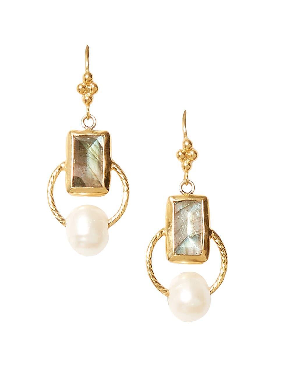 Womens 18K Gold-Plated, Labradorite & Freshwater Pearl Drop Earrings Product Image