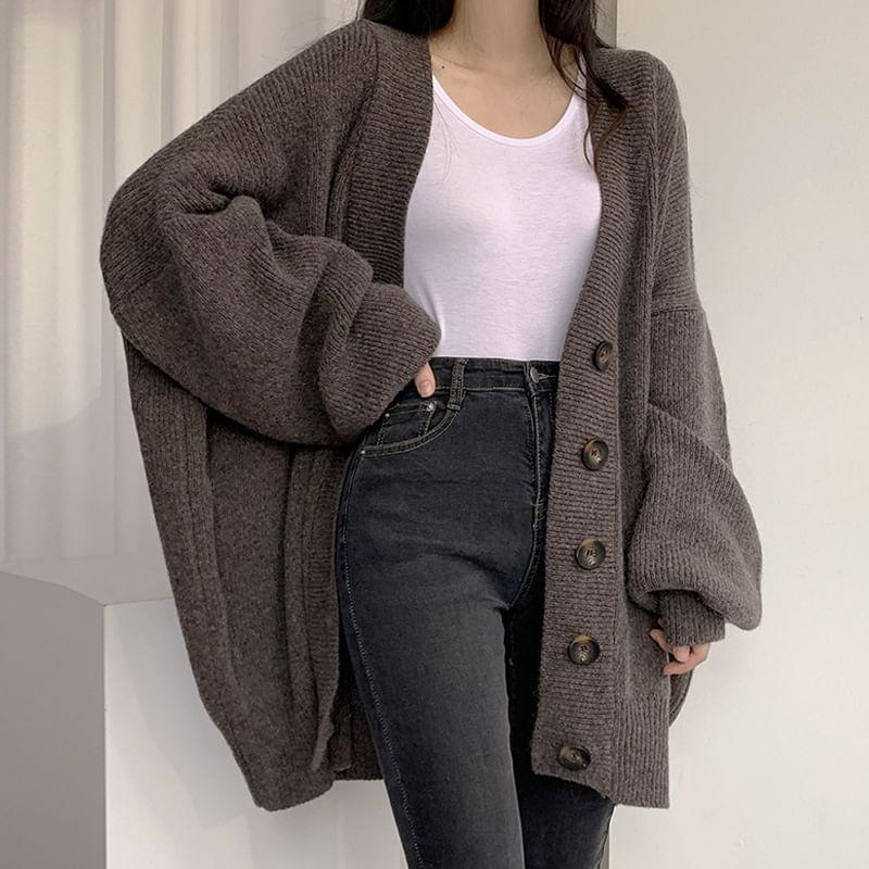 Balloon Sleeve V-Neck Plain Cardigan Product Image