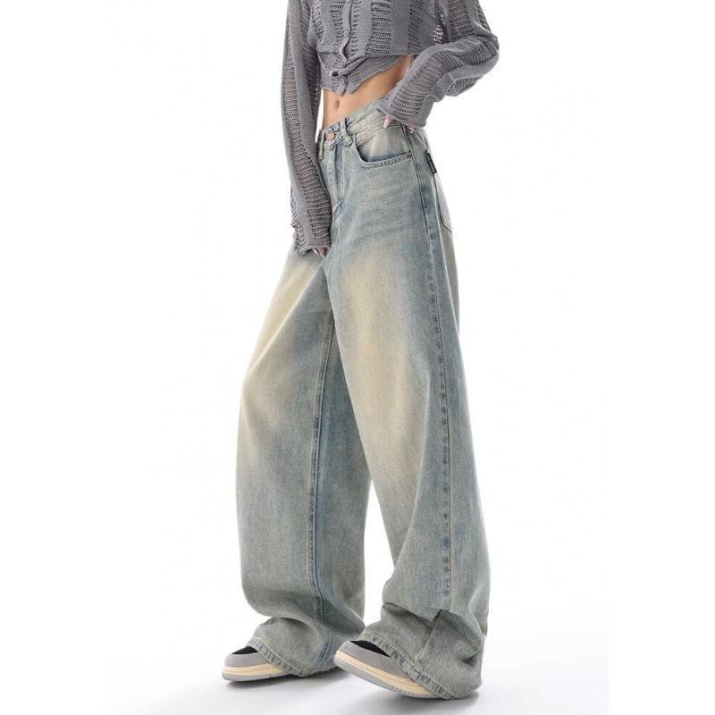 Low Waist Washed Loose-Fit Wide-Leg Jeans Product Image