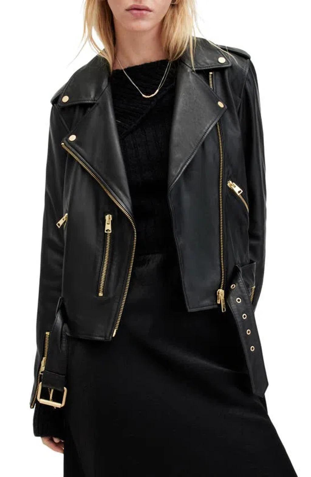 ALLSAINTS Balfern Leather Biker Jacket In Black/gold product image