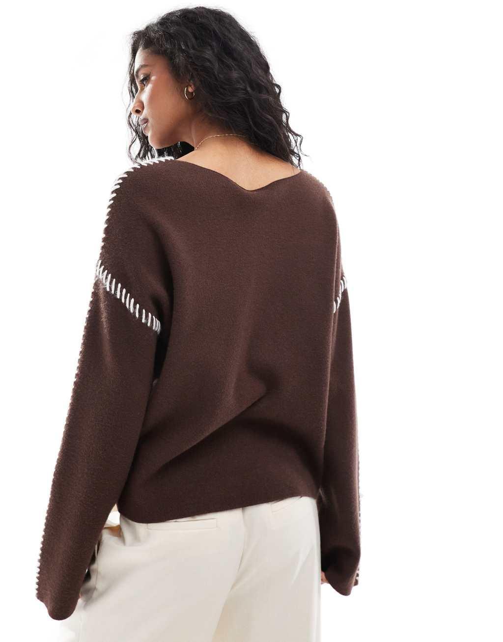 YAS contrast stitch detail sweater in brown Product Image