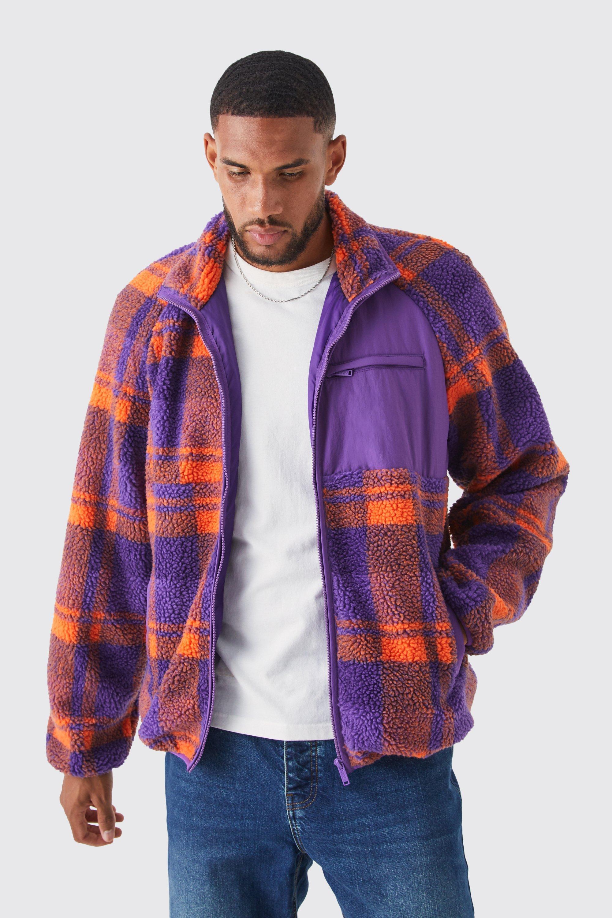 Tall Borg Check Print Jacket With Nylon Panel | boohooMAN USA product image