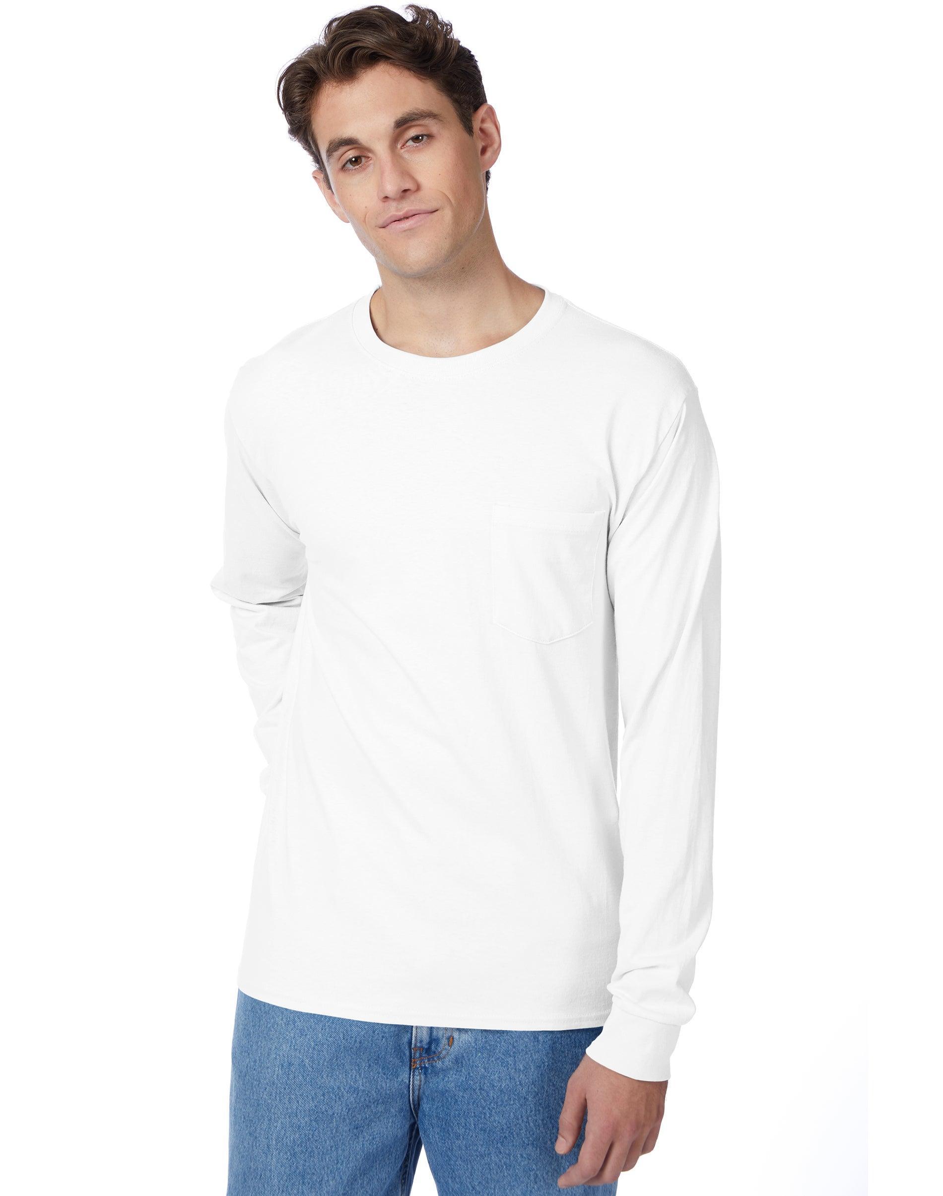 Hanes Essentials Mens Cotton Long Sleeve Pocket Tee White S Product Image