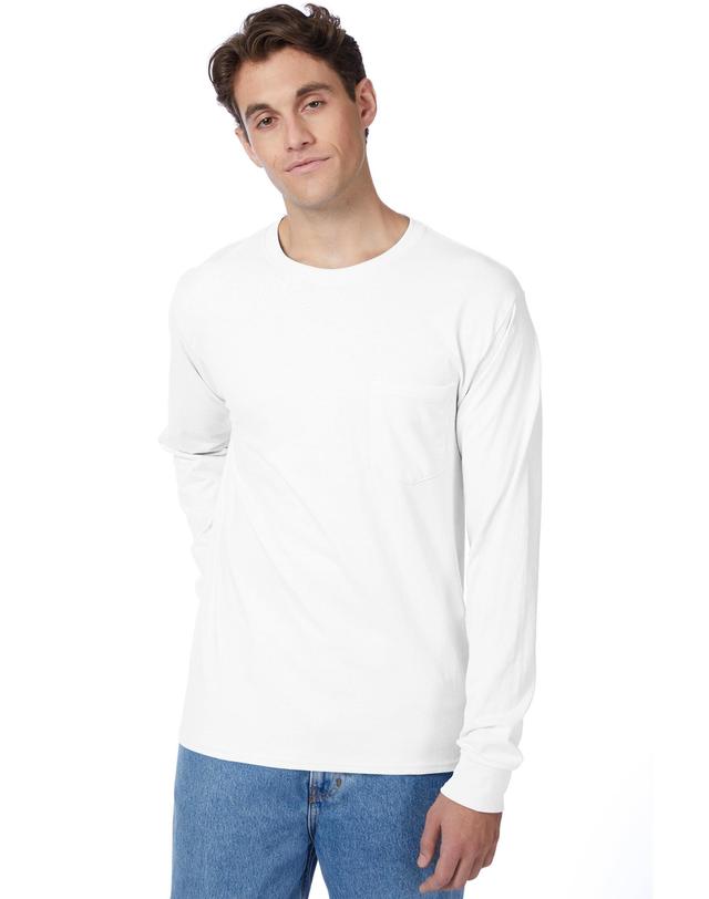 Hanes Essentials Mens Cotton Long Sleeve Pocket Tee White S Product Image