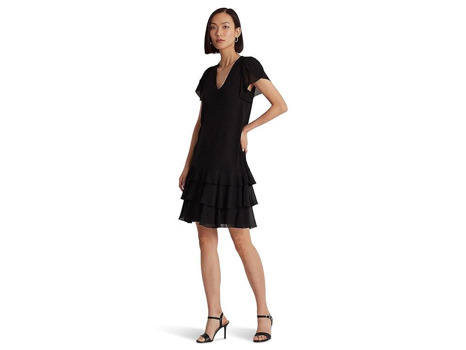 LAUREN Ralph Lauren Georgette Drop-Waist Dress (Black) Women's Dress Product Image