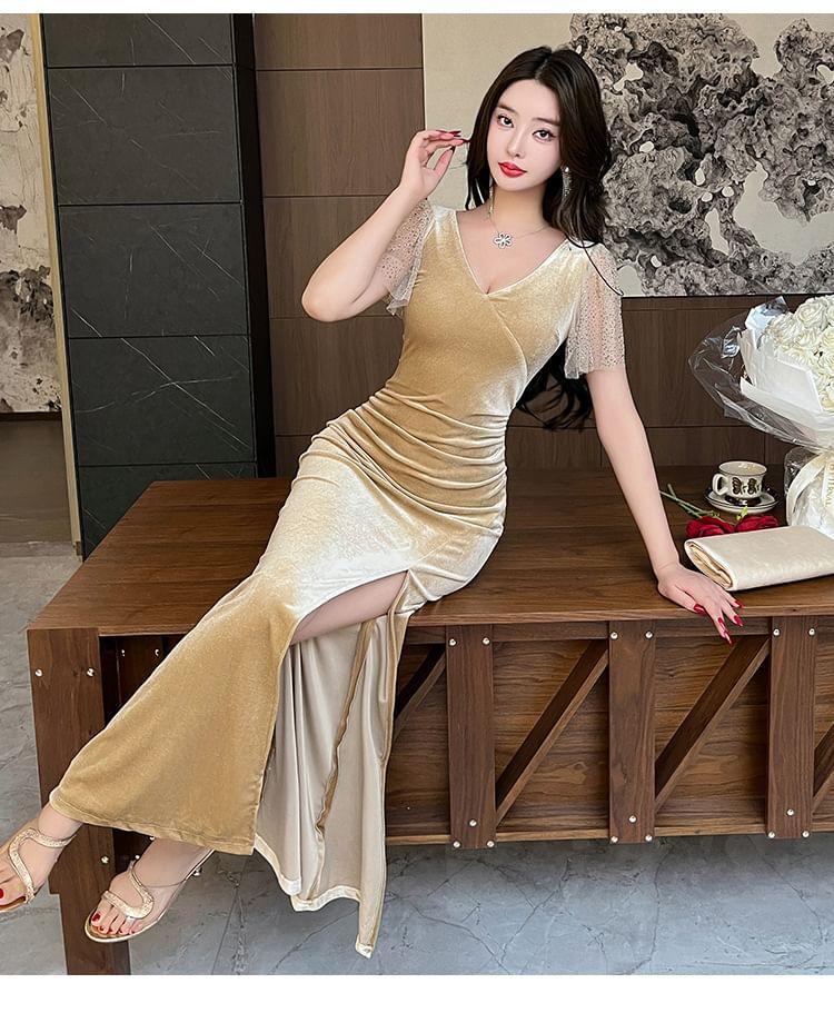 Short-Sleeve V-Neck Velvet Maxi Mermaid Dress Product Image