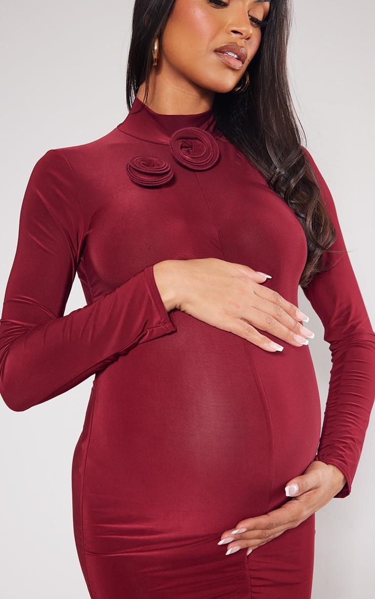 Maternity Burgundy Slinky Flower Detail Mini Dress Product Image