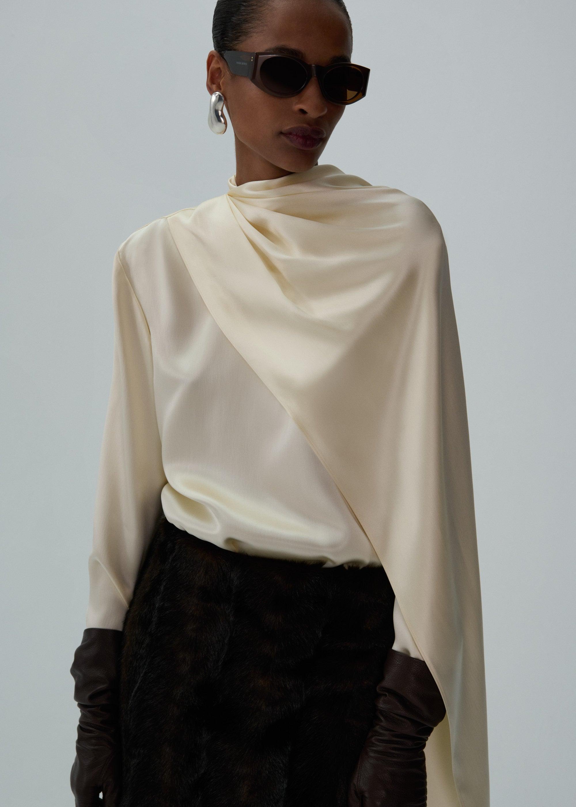 Cape-effect silk blouse in cream Product Image