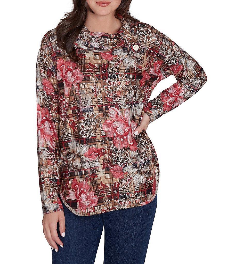 Ruby Rd. Knit Floral Plaid Cowl Neck Long Sleeve Top Product Image